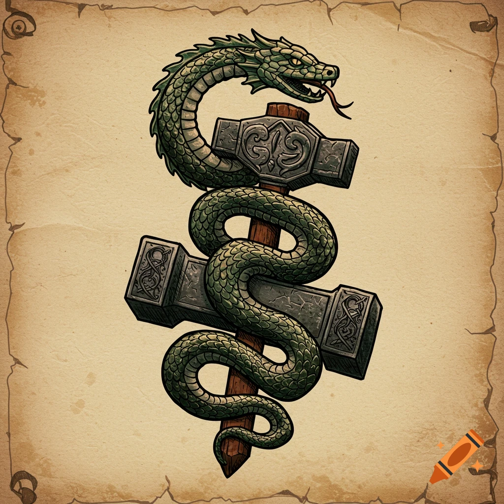 A green serpent coils around a grey hammer on a distressed, light brown parchment background, in a medieval stamp style.