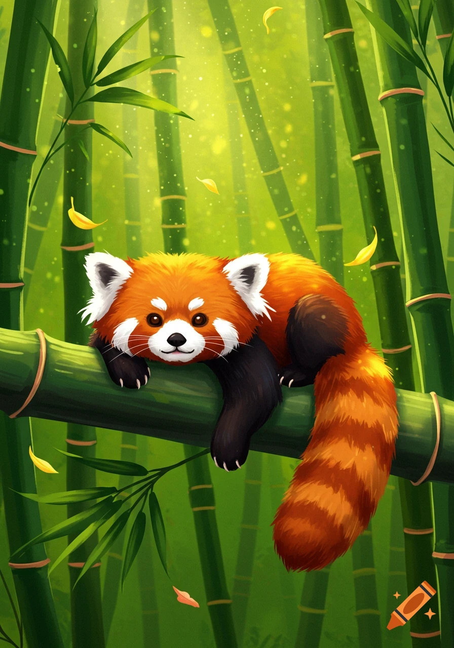 A cute, stylized red panda with orange and black fur rests on a green bamboo branch in a sunlit bamboo forest.