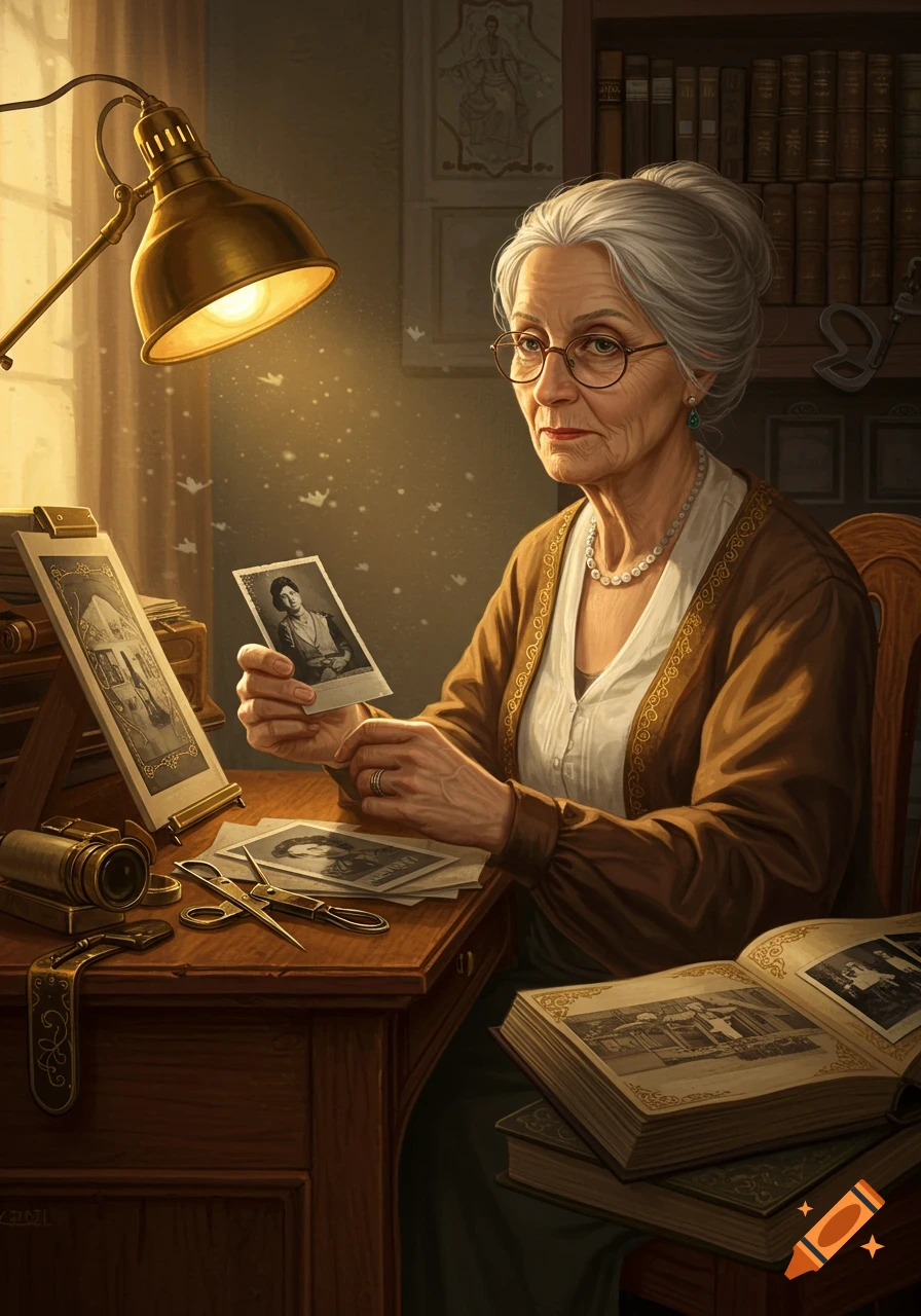 Elderly woman with glasses at a wooden desk holding an old photo, surrounded by books and antique items under a warm lamp.