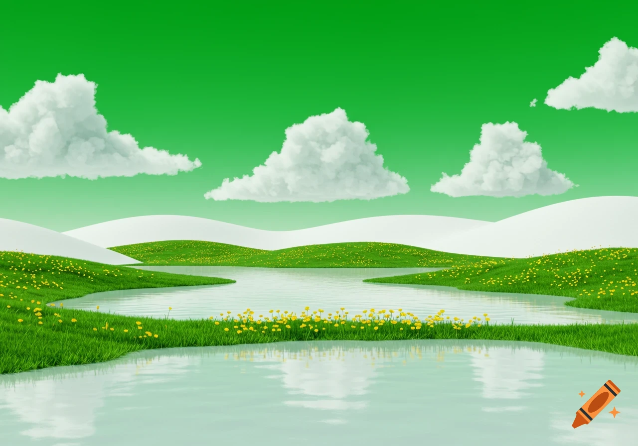 A stylized landscape featuring a pale lake bordered by bright green grass with yellow flowers, white hills, and a vivid green sky with white clouds.