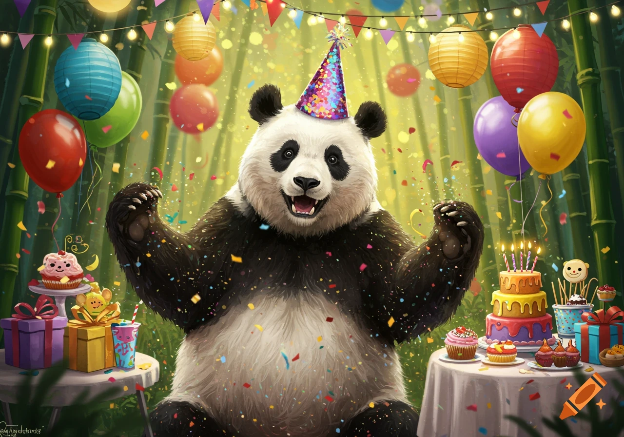 A happy panda wearing a party hat celebrates its birthday amidst confetti, colorful balloons, lanterns, gifts, and cakes in a bamboo forest.