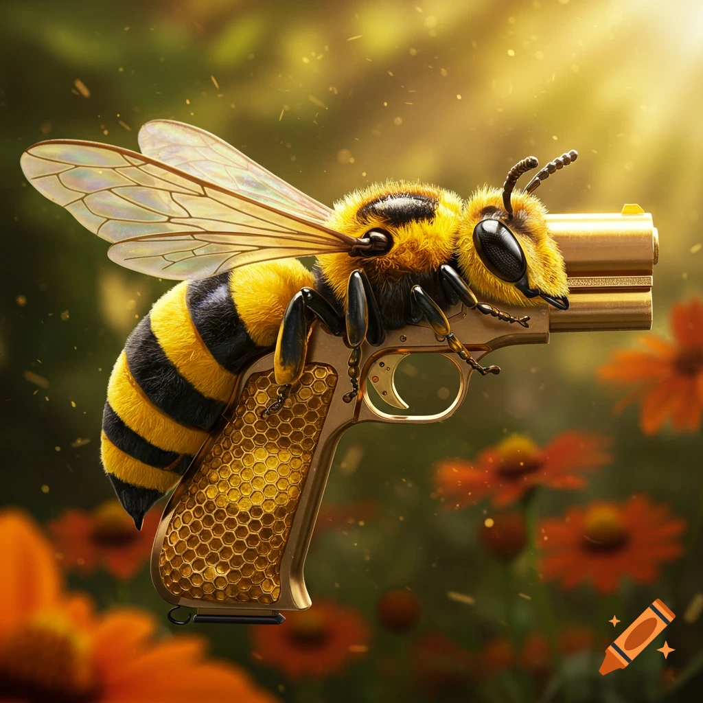 A detailed, photorealistic bee with transparent wings holding a golden pistol in a sunny garden with flowers.