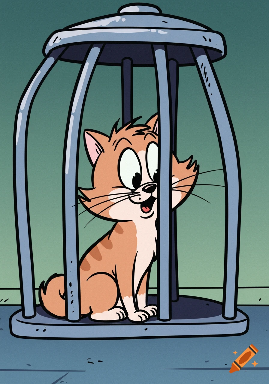 A surprised-looking cartoon cat with orange stripes sits inside a metal cage.