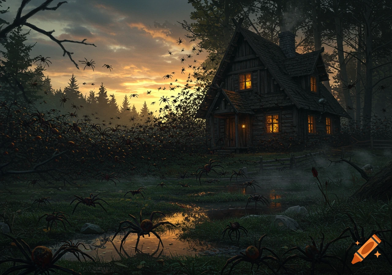Countless spiders swarm a rustic cottage and forest at sunset, with many on the ground and reflected in puddles.