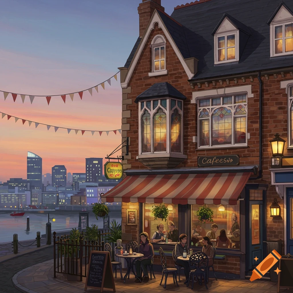 A charming Victorian brick cafe at dusk with outdoor seating and patrons, overlooking a modern cityscape by a river, with bunting strung across.