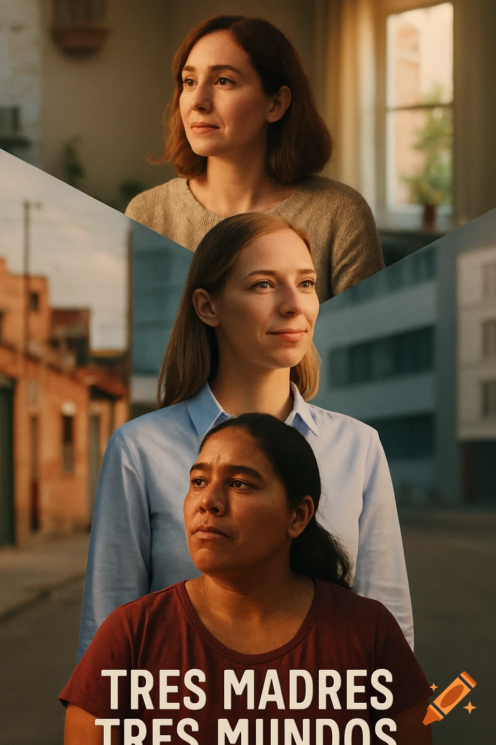 Photorealistic documentary poster of three women from different backgrounds, looking in different directions. Title: TRES MADRES TRES MUNDOS.