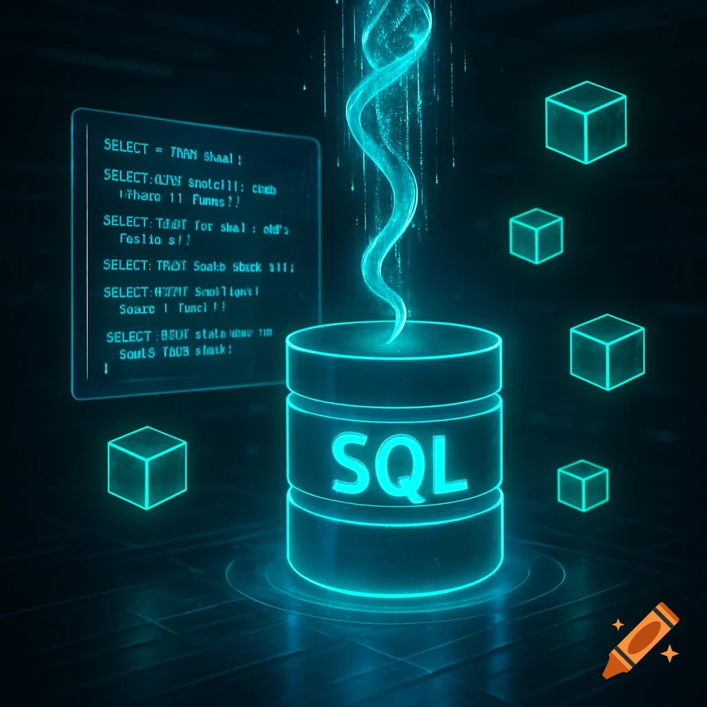 A glowing blue SQL database icon with data flowing upwards, next to a screen displaying code and surrounded by abstract cubes in a dark, futuristic setting.