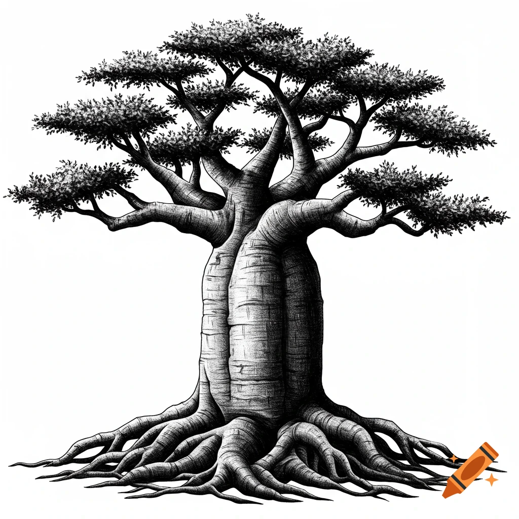 A black and white illustration of a baobab tree with a thick trunk and prominent roots, in a tattoo design style.