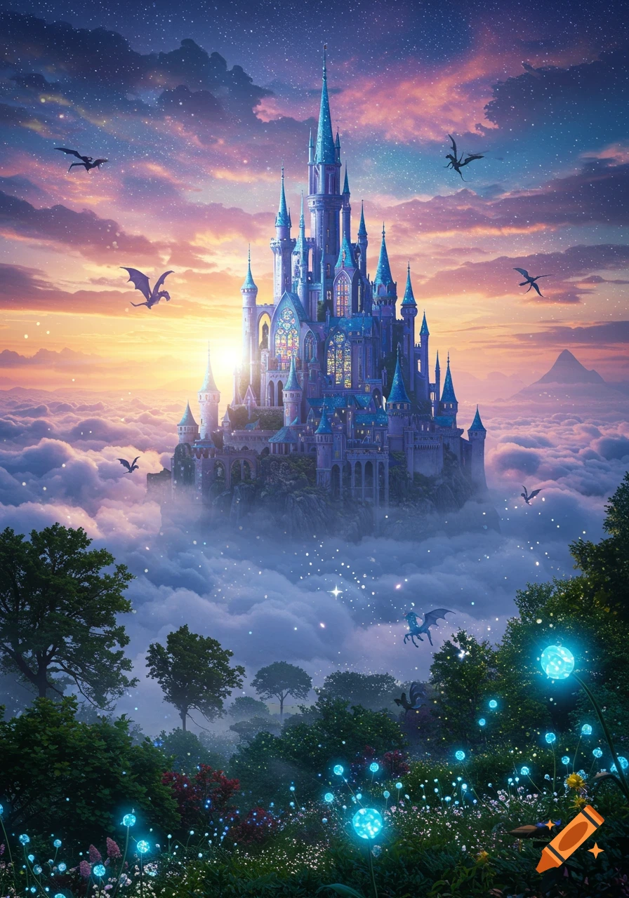 A majestic blue fantasy castle with spires sits above clouds at sunset, with dragons flying and glowing plants in a magical forest.