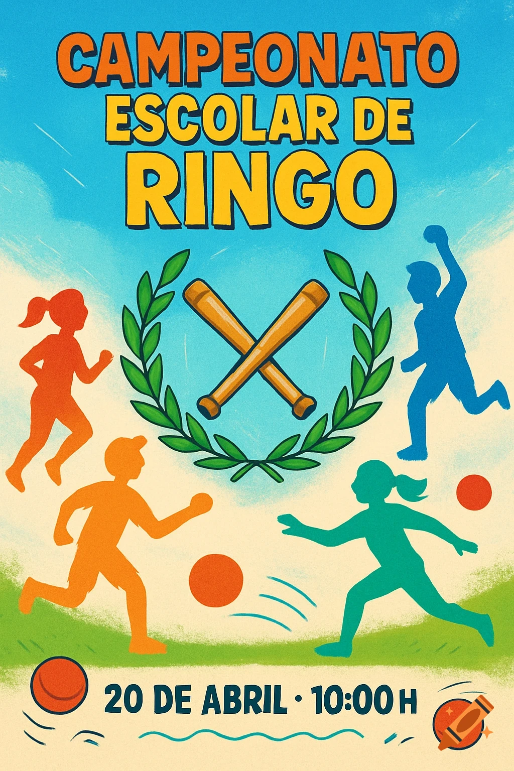 Illustrative poster for a school Ringo championship with cartoon silhouettes of children, crossed bats, and event details.