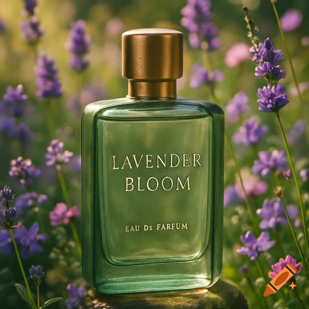 A green perfume bottle with a golden cap stands among purple lavender flowers, labeled "LAVENDER BLOOM EAU DS FARFUM".