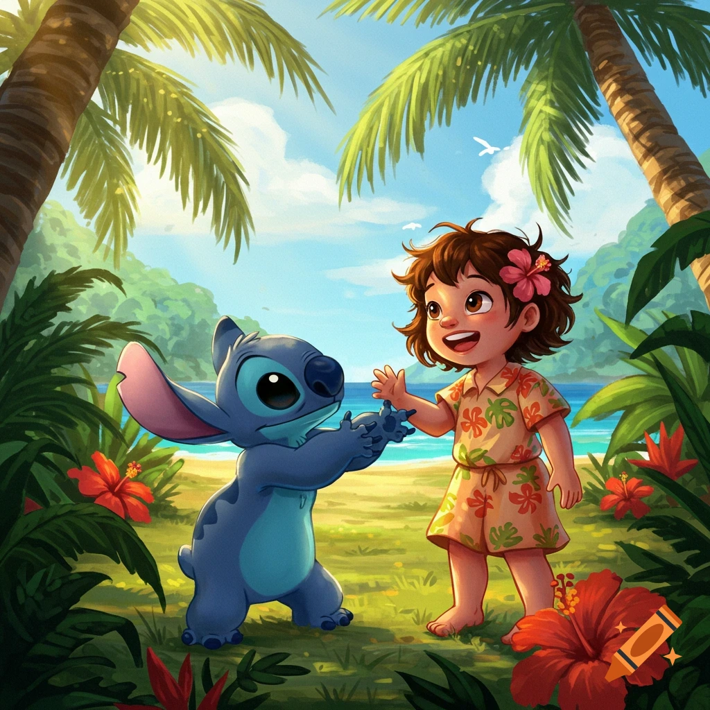 Stitch and a smiling girl on a sunny tropical beach with palm trees and hibiscus flowers, in a vibrant animated style.
