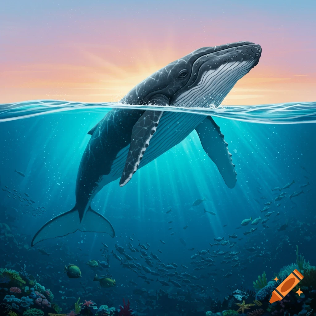 A majestic humpback whale emerges from the ocean surface at sunset, with a vibrant underwater reef and schools of fish visible below.