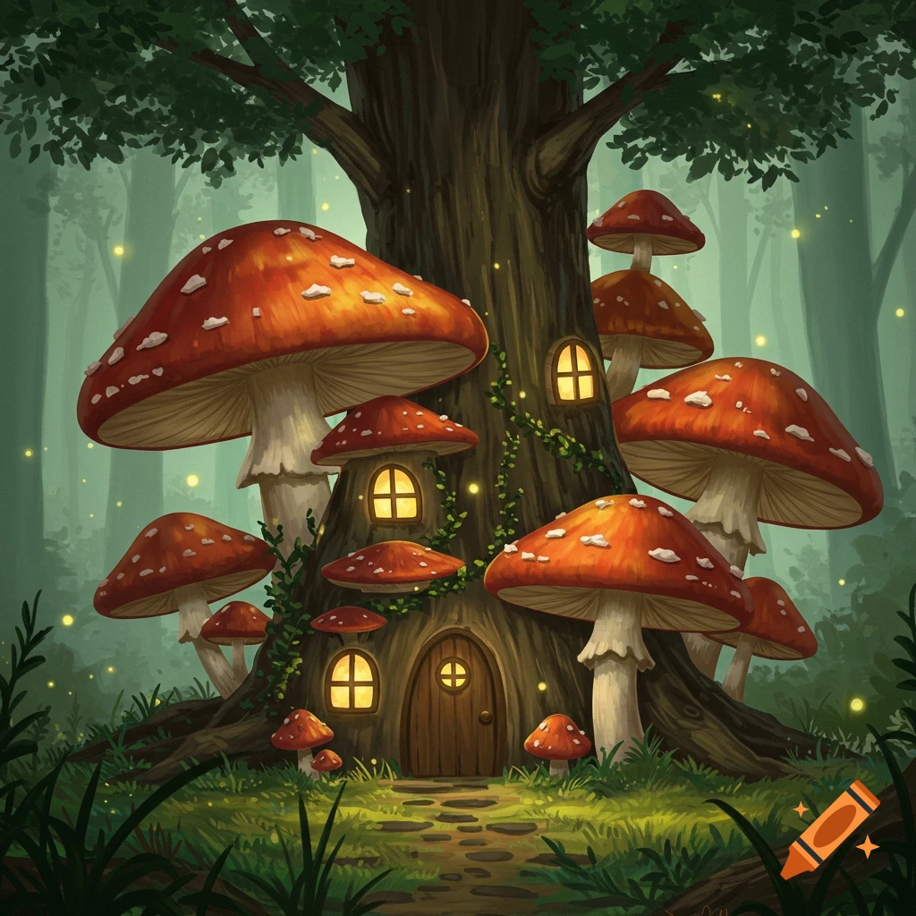 An enchanting illustration of a fantasy mushroom house built into a large tree, with warm lights glowing from its windows in a mystical forest.