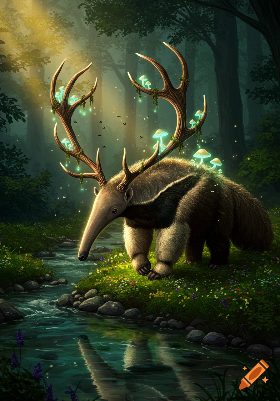 A fantastical anteater with large antlers adorned with glowing mushrooms stands by a forest stream bathed in sunlight.
