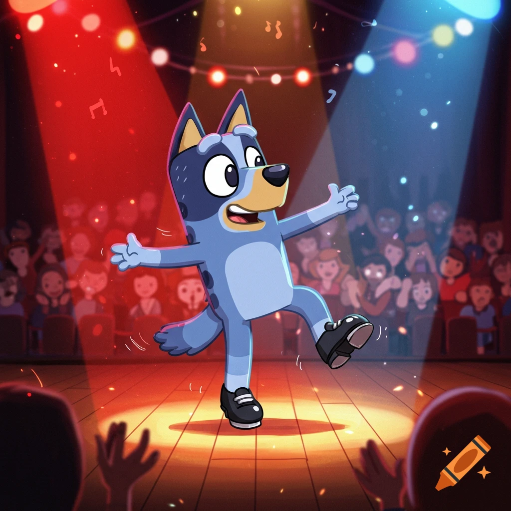 Bluey Heeler cartoon character tap dancing in a purple rabbit costume ...