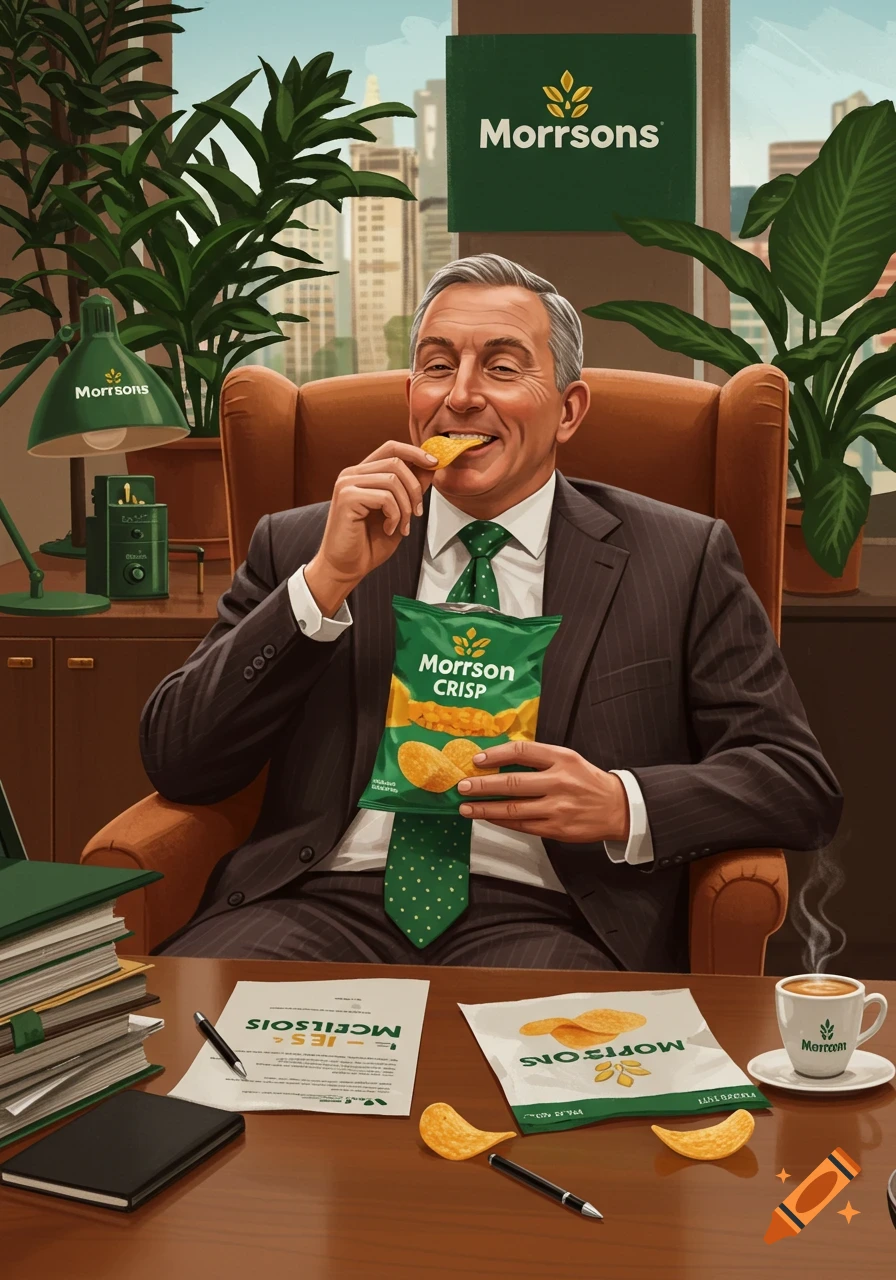 An illustrated man in a suit, labeled as "Morrisons" boss, happily eating crisps from a green bag in an office setting. Text is visible on various objects.