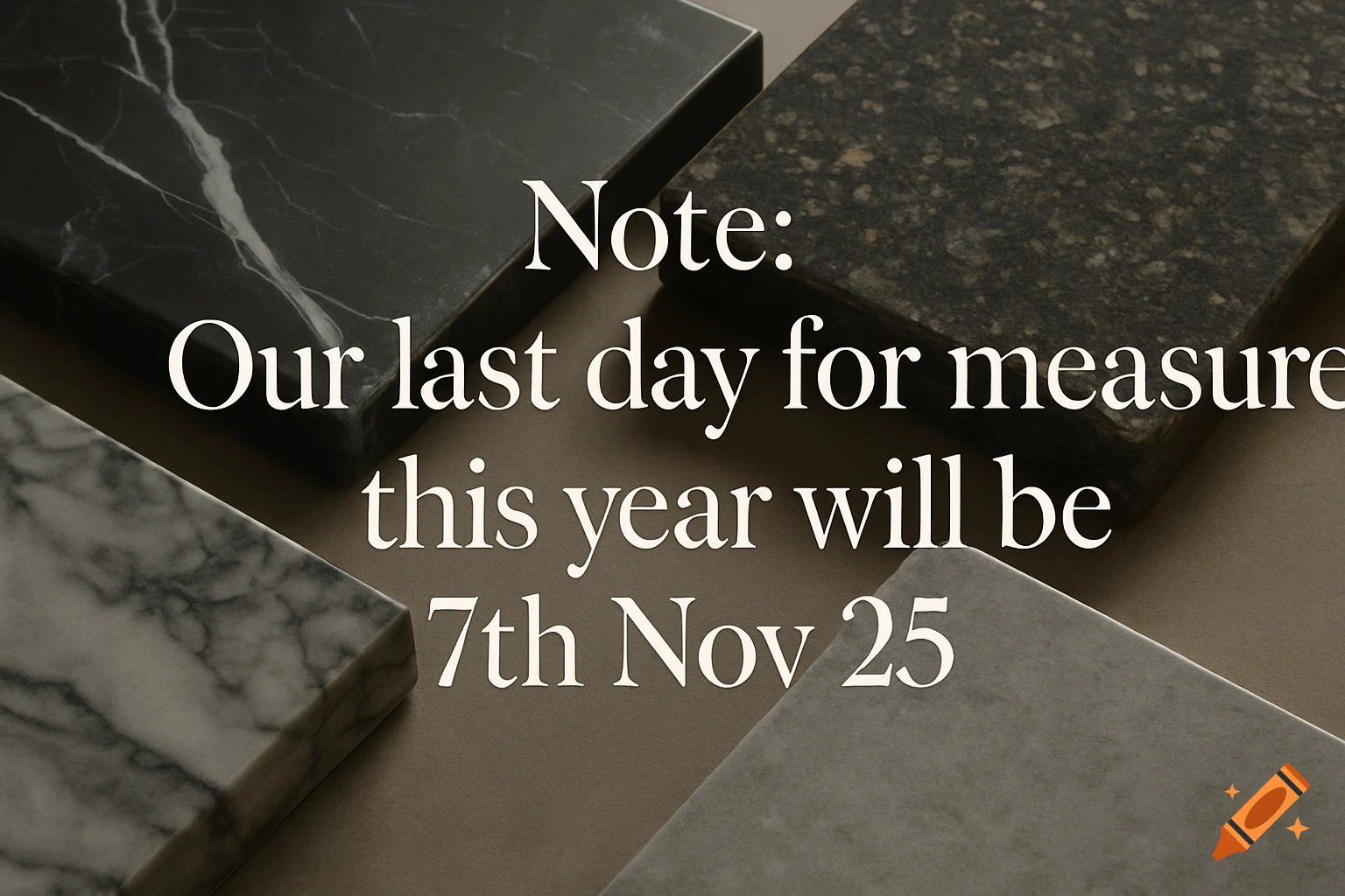 White text 'Note: Our last day for measure this year will be 7th Nov 25' on a background of various stone benchtops.