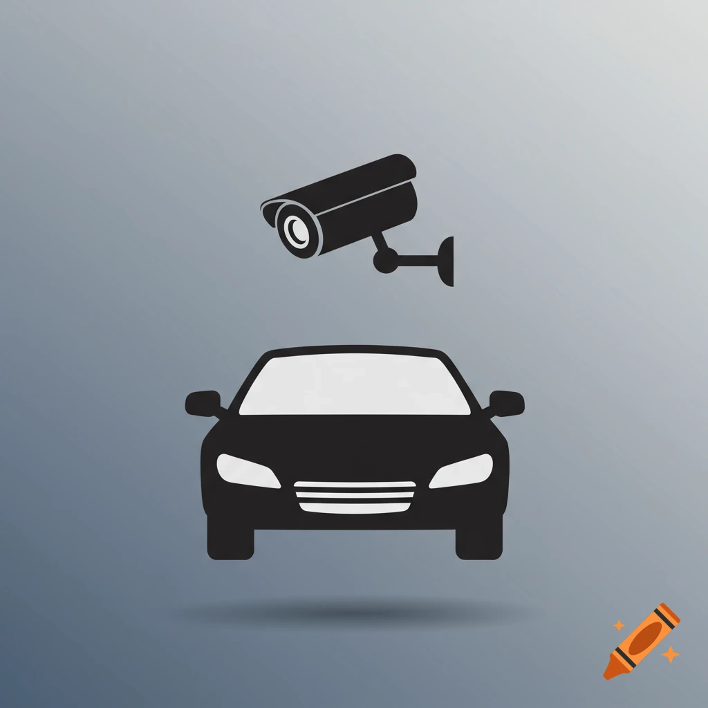 Black icon of a car facing forward with a security camera mounted above it, on a grey background.
