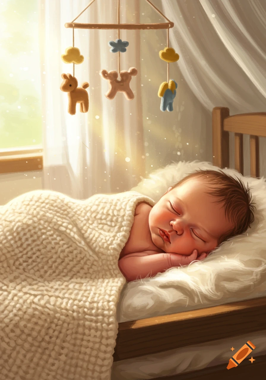 A sleeping newborn baby boy in a crib with a mobile, bathed in warm sunlight, in a painterly illustration.