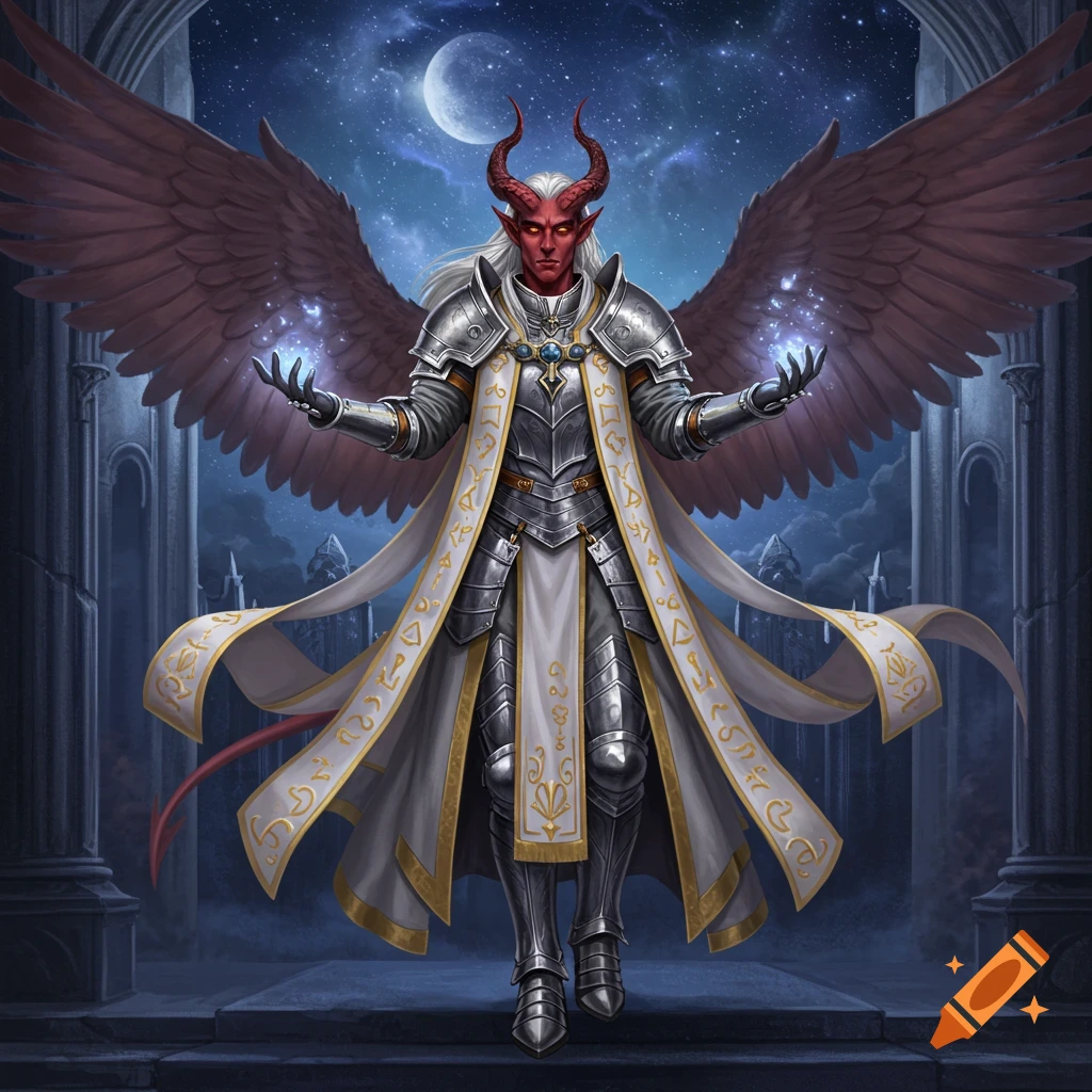 A horned, red-skinned, winged tiefling in ornate silver armor and white priest robes hovers under a crescent moon in a fantasy setting.