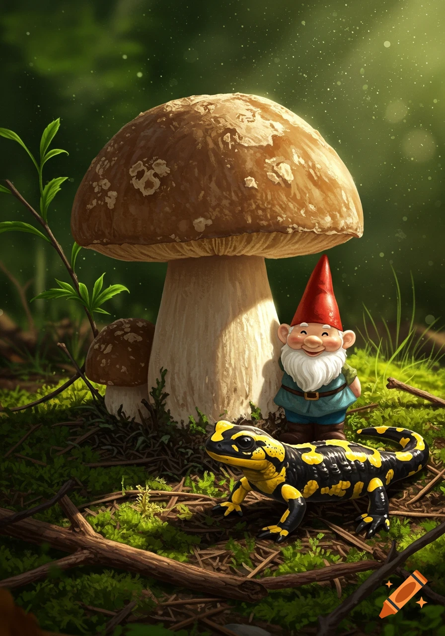 A cheerful garden gnome, a large mushroom, and a black and yellow fire salamander on a mossy forest floor.