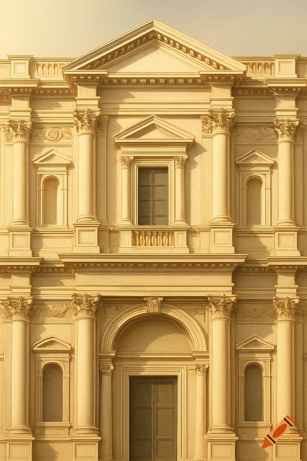 Facade of a golden Renaissance building with columns, pilasters, gables, and cornices in a clean design.
