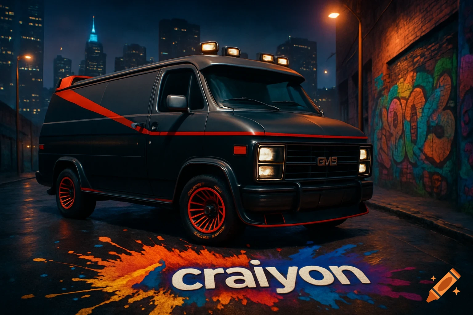 A black van with a red stripe, like the A-Team van, parked on a city street at night with a 'craiyon' logo on the wet ground.