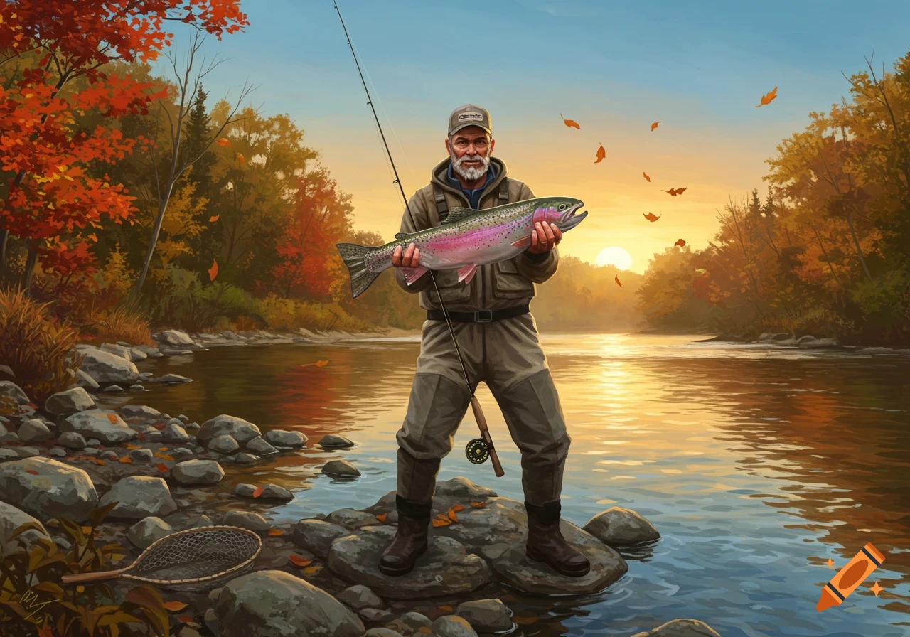 A bearded fisherman stands in a river at sunset, proudly holding a large rainbow trout, surrounded by vibrant autumn trees.