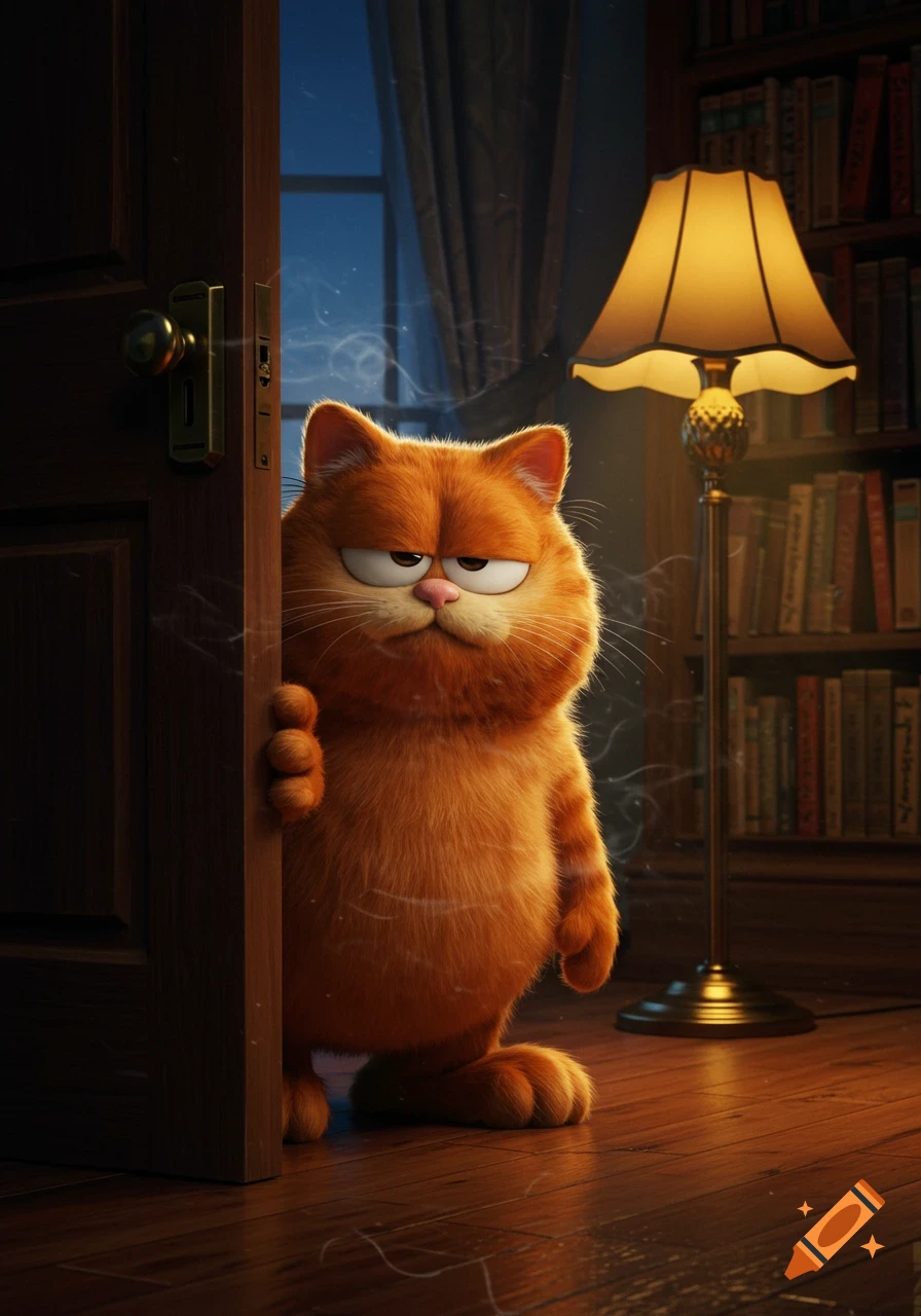 A sullen Garfield peeks from behind a dark wooden door into a dimly lit room with a bookshelf and a lamp.