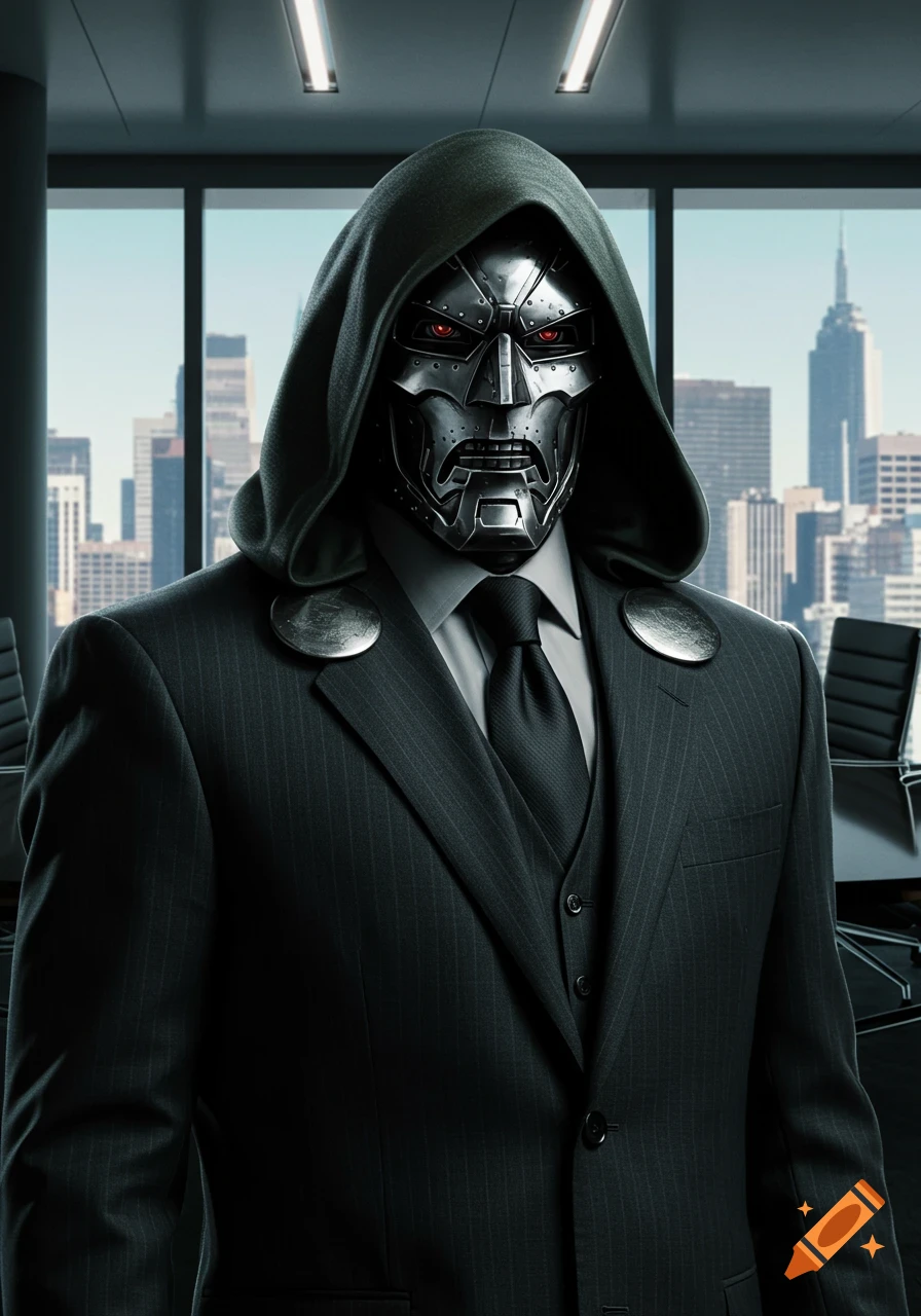 Dr. Doom in a pinstripe suit and hooded cloak stands in a modern office, city skyline visible through windows.