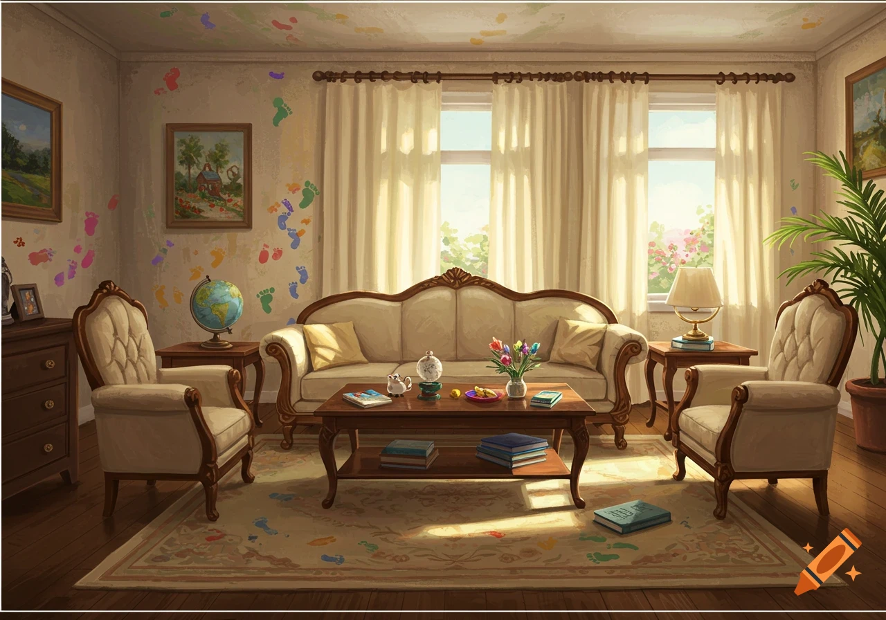 A cozy, painterly living room with a couch, two armchairs, a coffee table, and colorful footprints on the walls and ceiling.