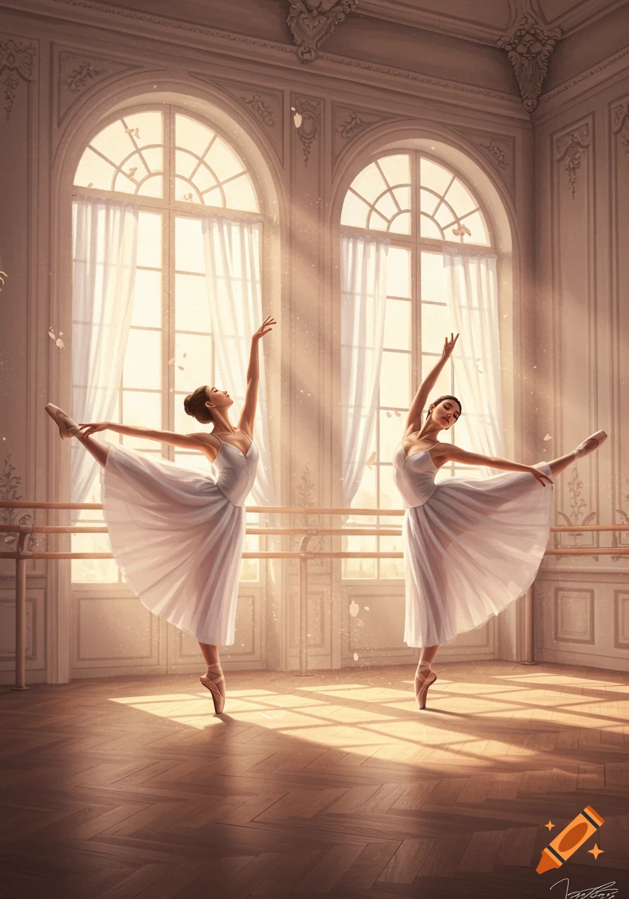 Two ballet dancers in white tutus perform in a sunlit, elegant French dance studio with arched windows.