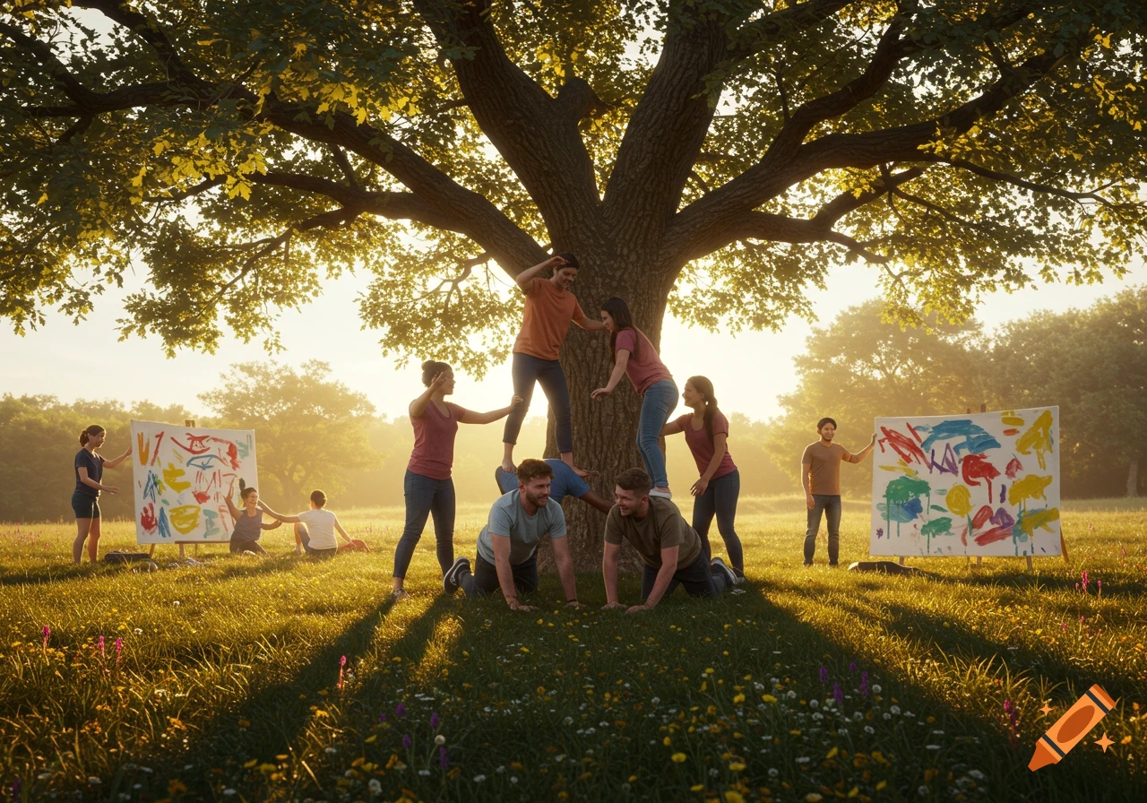 A group of diverse people doing team-building exercises, forming a human pyramid by a large tree in a sunny park with abstract paintings on easels.