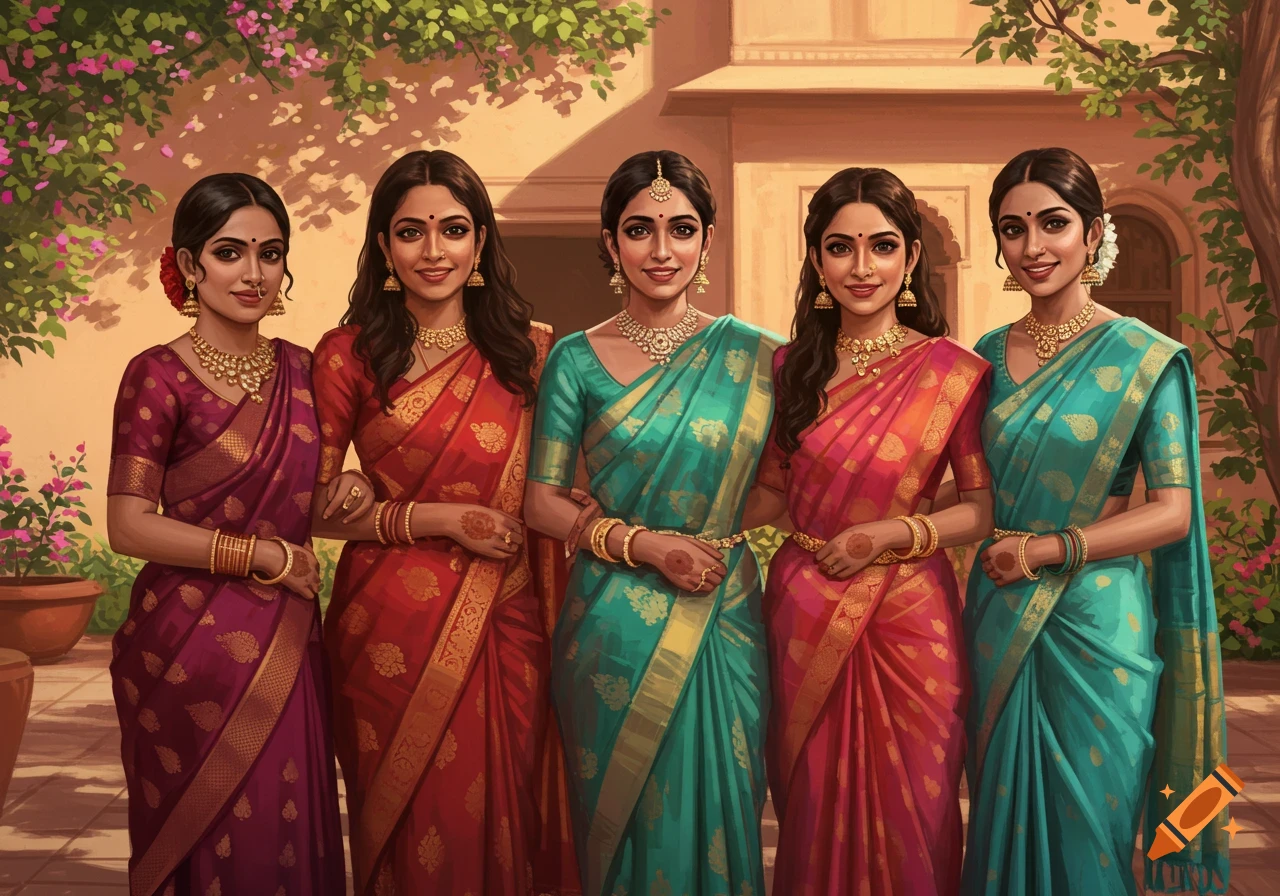 Five Indian women in colorful saris and traditional jewelry stand together in a sunny courtyard with flowering plants.