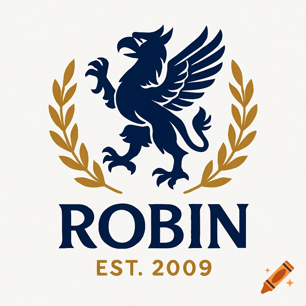 A dark blue griffin within golden olive branches, with the text "ROBIN" and "EST. 2009" below, on a white background.