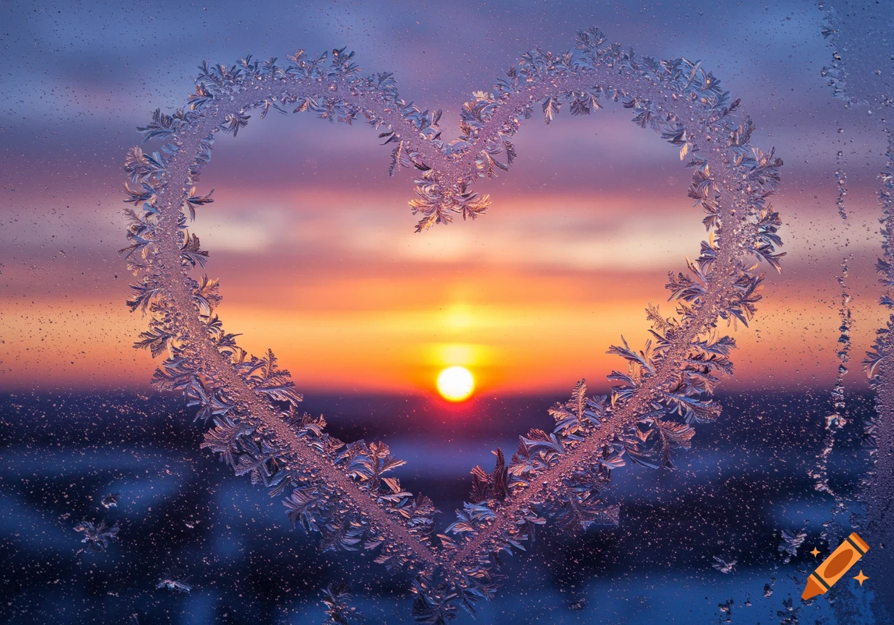 A heart-shaped frost pattern on a window pane, looking out at a vibrant orange and purple sunset.