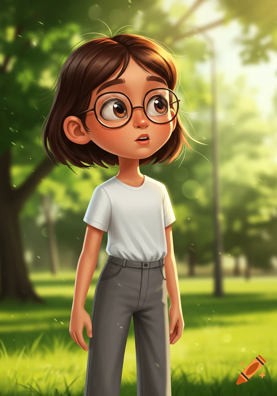 A cute cartoon girl with short brown hair and round glasses wears a white t-shirt and grey pants, looking surprised in a sunny park.