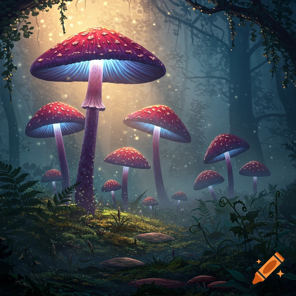 Glowing red and purple mushrooms illuminate a misty, enchanted forest, with light filtering through trees and sparkling particles.