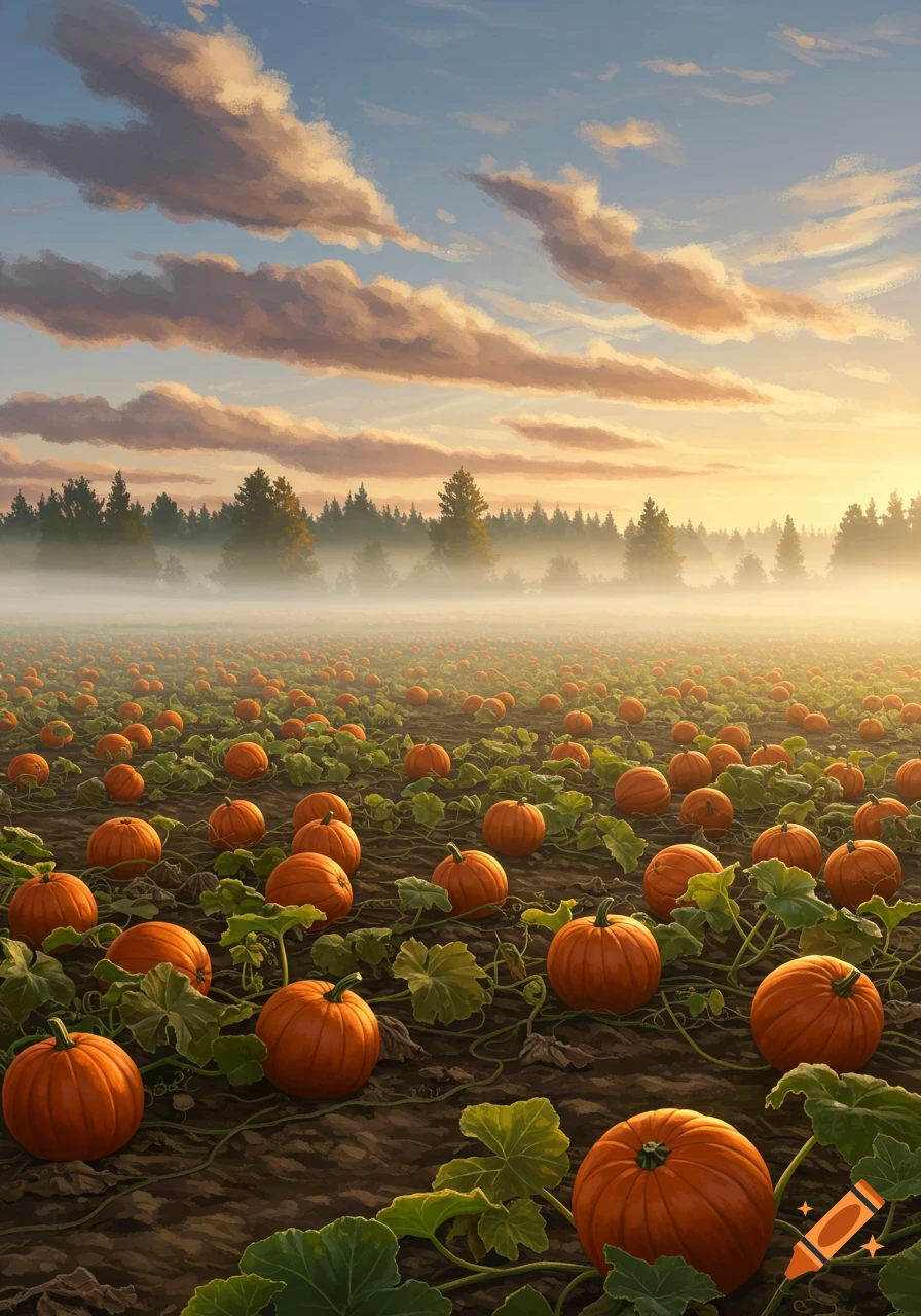 A vast pumpkin field under a dramatic cloudy sky at sunrise or sunset, with a misty forest line in the distance, painterly style.
