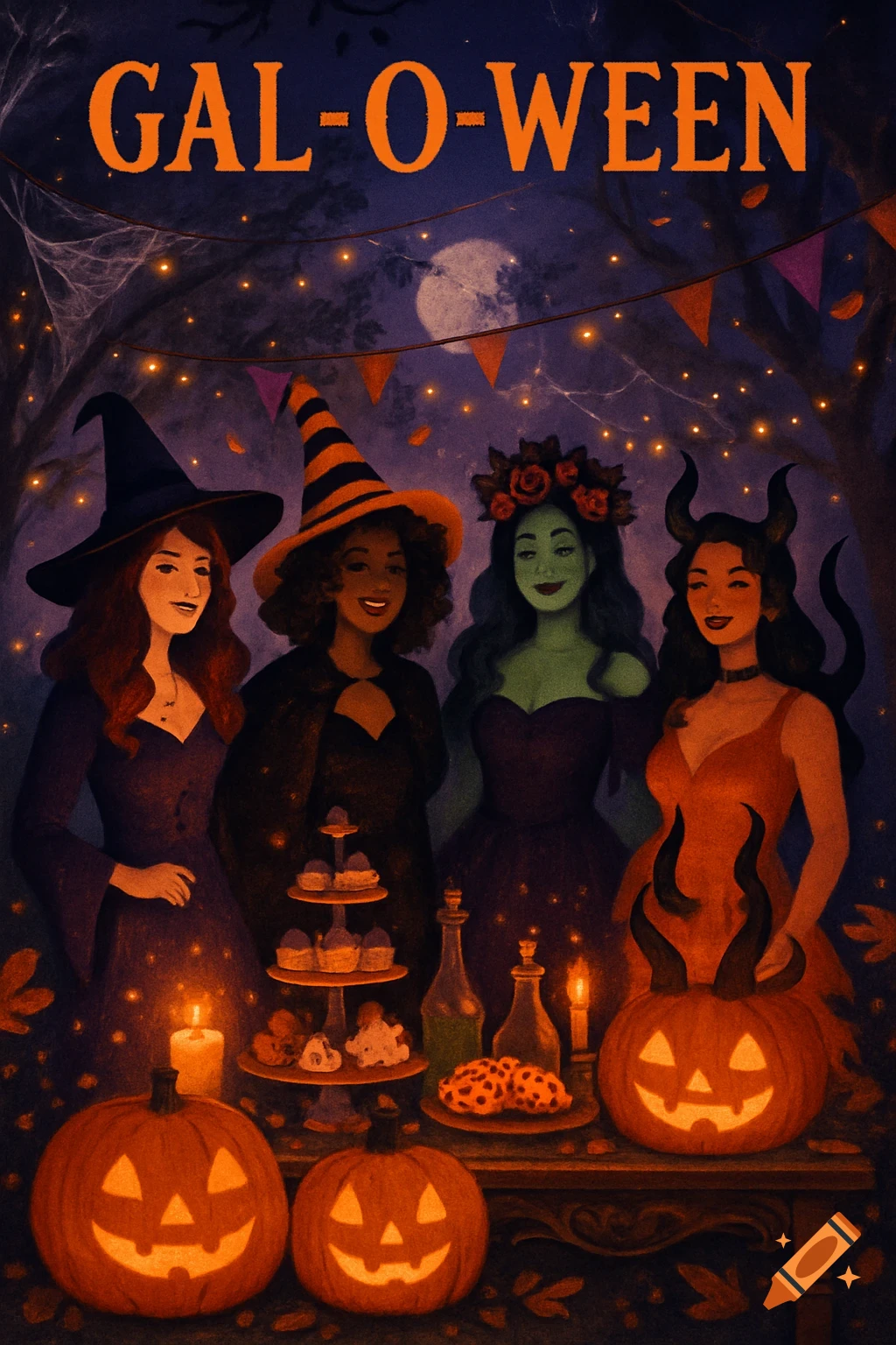 Four costumed women, including witches and a devil, celebrate Halloween with jack-o'-lanterns and treats under a 'GAL-O-WEEN' banner.