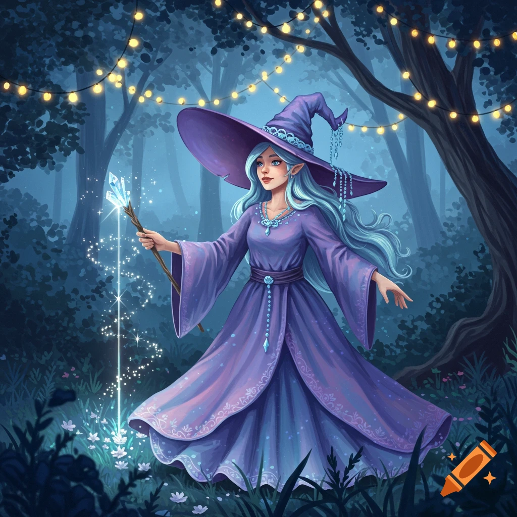 A good witch in a purple dress and wide-brimmed hat holds a glowing crystal staff in a magical, dark forest with string lights.