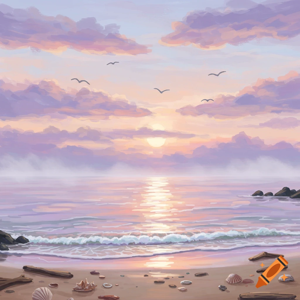 A pastel-colored painting of a serene sunset over the ocean with a sandy beach, shells, driftwood, and birds in the sky.