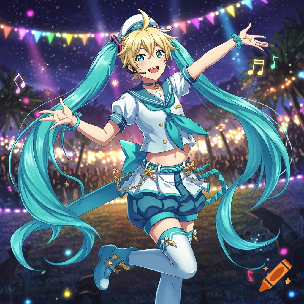 Anime character Kagamine Len in a sailor uniform with turquoise pigtails, performing at an outdoor concert.