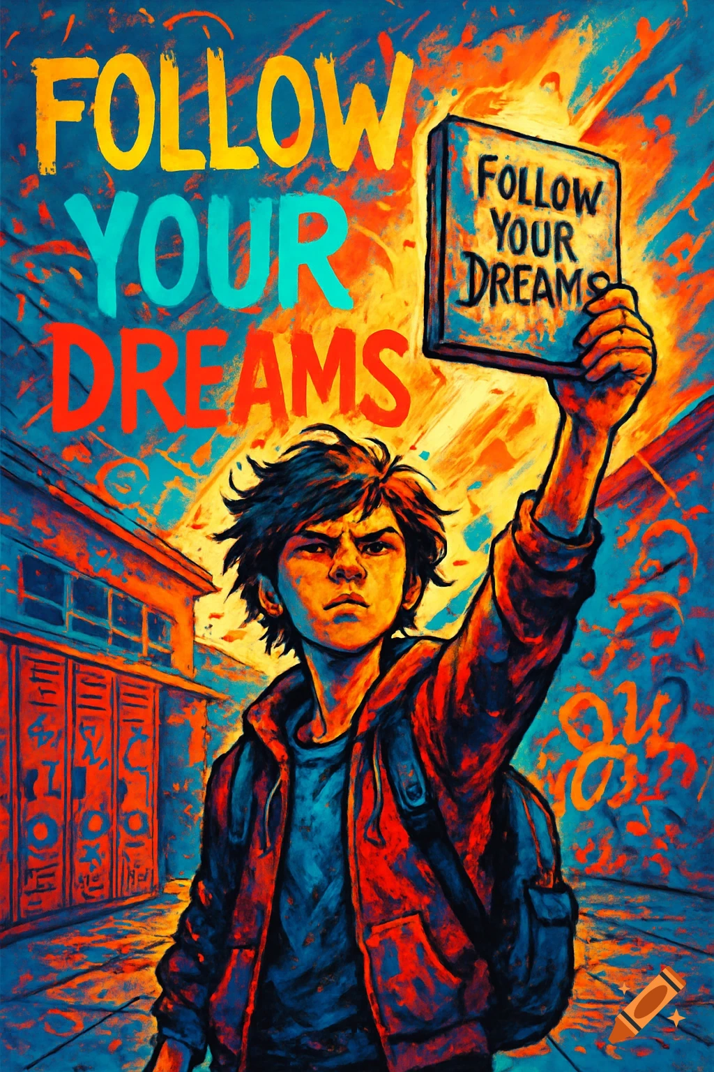 A vibrant, pop art style illustration of a rebellious boy holding a 'FOLLOW YOUR DREAMS' sign in a schoolyard, with the same phrase in the background.