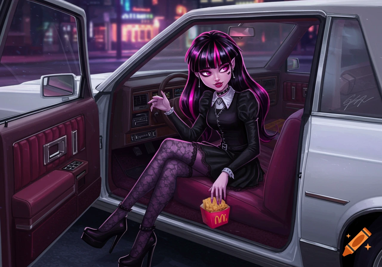 Anime-style Draculaura, a gothic vampire character, sits in a vintage white car at night, holding a McDonald's french fries carton.