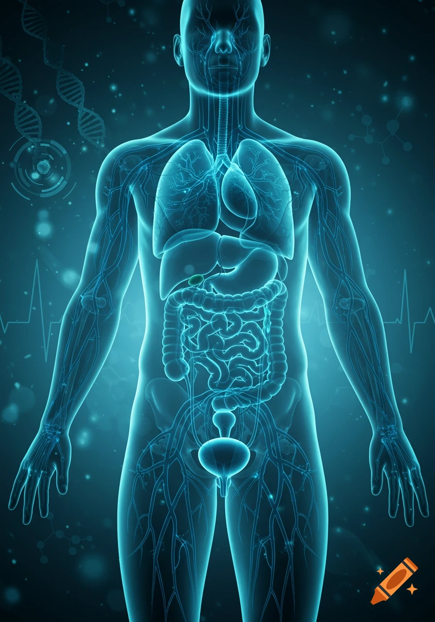 Glowing blue transparent human body showing detailed internal organs including lungs, liver, intestines, and bladder, in a medical illustration style.
