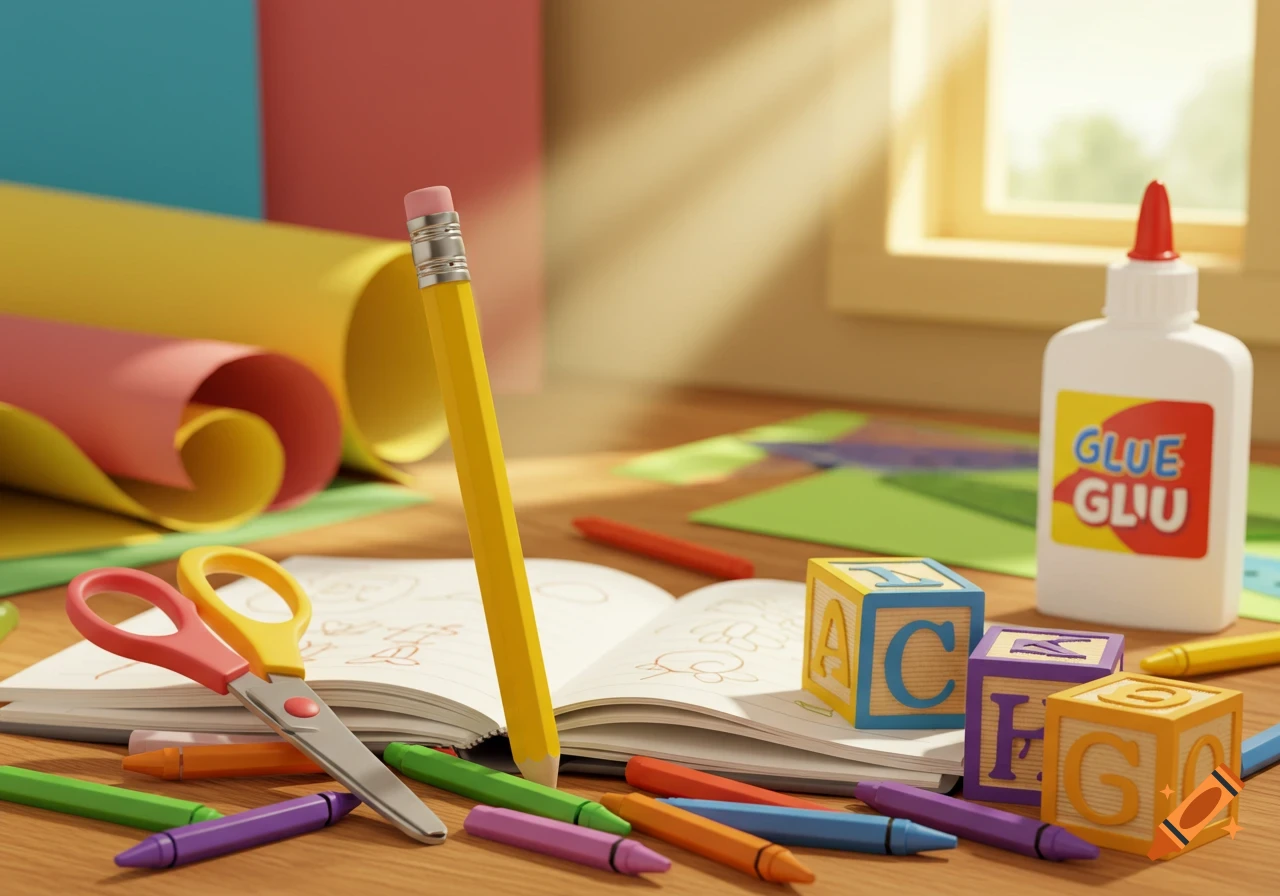 A sunlit still life of colorful school and craft supplies, including a yellow pencil, scissors, crayons, paper, glue, and alphabet blocks on a wooden table.
