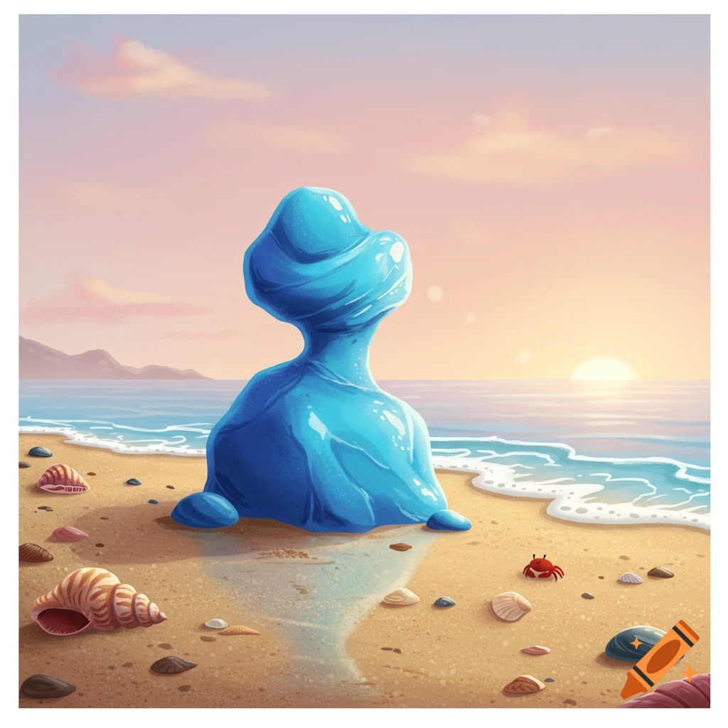 A smooth blue, blob-like figure sits on a sandy beach, gazing at a sunset over the ocean, surrounded by seashells and a small crab in an illustration.