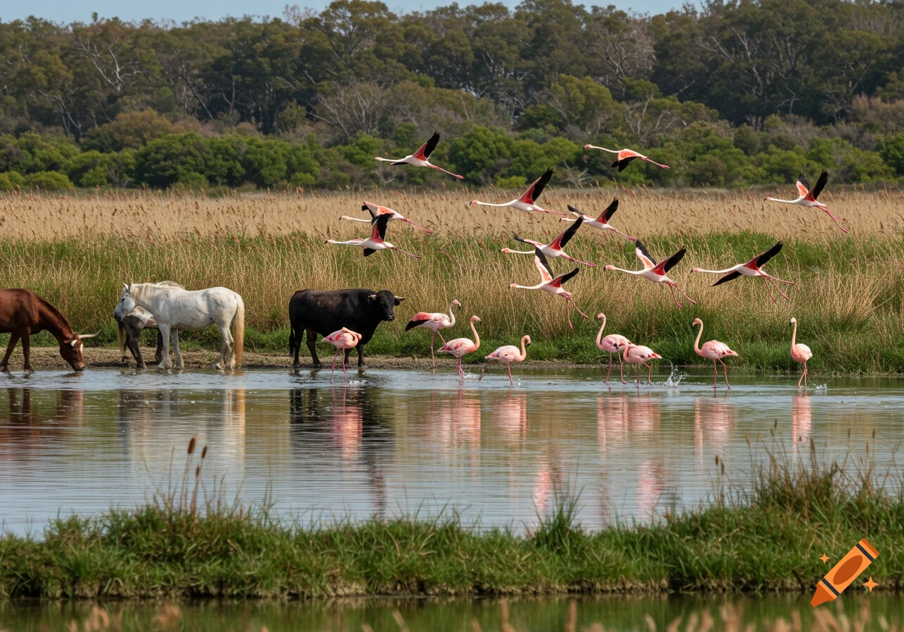 Photorealistic image of horses and a bull drinking from a pond, while numerous flamingos wade and fly above. Reeds and trees line the banks.
